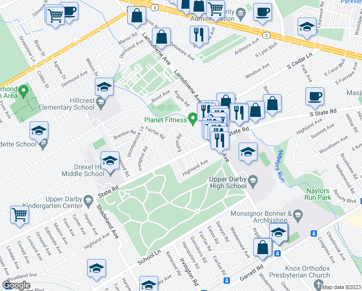 map of restaurants, bars, coffee shops, grocery stores, and more near 821 Eaton Road in Drexel Hill