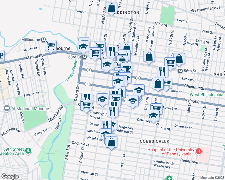 map of restaurants, bars, coffee shops, grocery stores, and more near 222 South Millick Street in Philadelphia