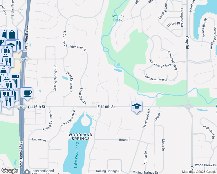 map of restaurants, bars, coffee shops, grocery stores, and more near 11708 Forest Drive in Carmel