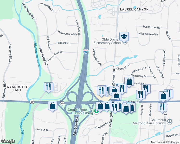 map of restaurants, bars, coffee shops, grocery stores, and more near 5849 Effingham Road in Columbus