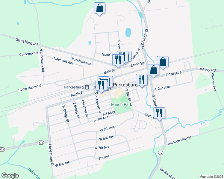 map of restaurants, bars, coffee shops, grocery stores, and more near 344 West 1st Avenue in Parkesburg