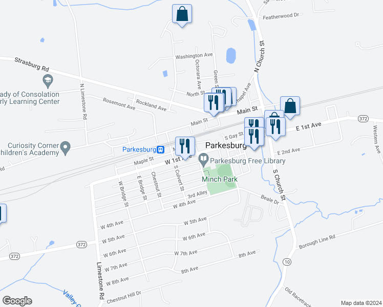 map of restaurants, bars, coffee shops, grocery stores, and more near 409 West 1st Avenue in Parkesburg
