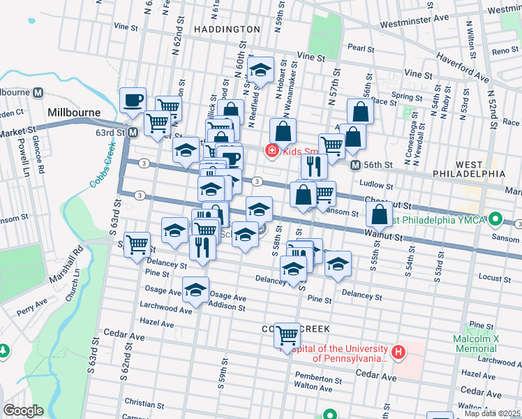 map of restaurants, bars, coffee shops, grocery stores, and more near 5843 Walnut Street in Philadelphia