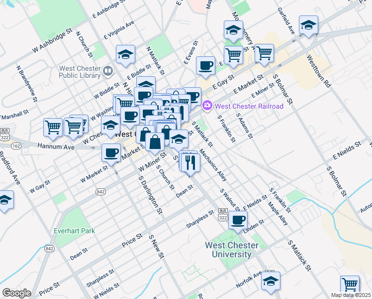 map of restaurants, bars, coffee shops, grocery stores, and more near 118 South Walnut Street in West Chester