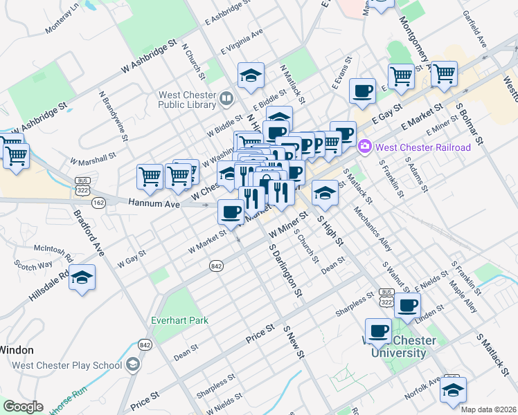 map of restaurants, bars, coffee shops, grocery stores, and more near 214 Market Street in West Chester