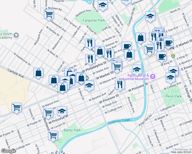 map of restaurants, bars, coffee shops, grocery stores, and more near 483 West Market Street in York