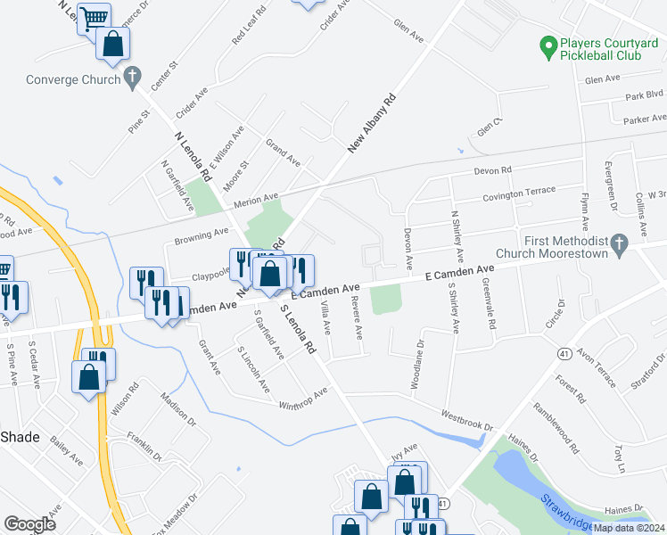 map of restaurants, bars, coffee shops, grocery stores, and more near 117 East Camden Avenue in Moorestown