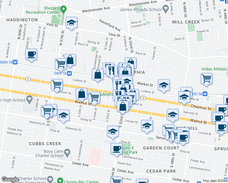 map of restaurants, bars, coffee shops, grocery stores, and more near 5257 Chestnut Street in Philadelphia
