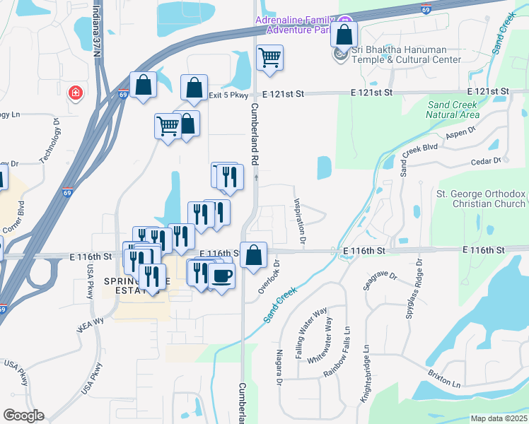map of restaurants, bars, coffee shops, grocery stores, and more near 11723 Watermark Way in Fishers