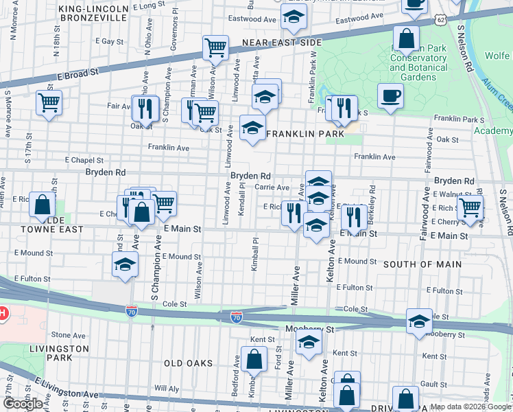 map of restaurants, bars, coffee shops, grocery stores, and more near East Rich Street in Columbus