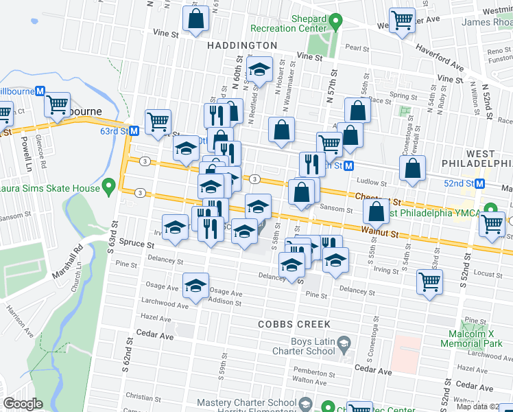 map of restaurants, bars, coffee shops, grocery stores, and more near 5851 Walnut Street in Philadelphia