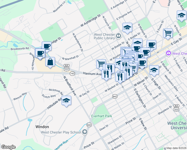 map of restaurants, bars, coffee shops, grocery stores, and more near 445 Hannum Avenue in West Chester