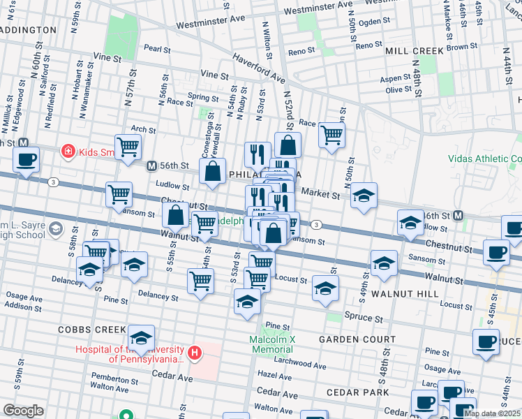 map of restaurants, bars, coffee shops, grocery stores, and more near 5233 Chestnut Street in Philadelphia