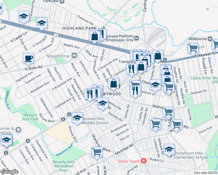 map of restaurants, bars, coffee shops, grocery stores, and more near in Delaware County