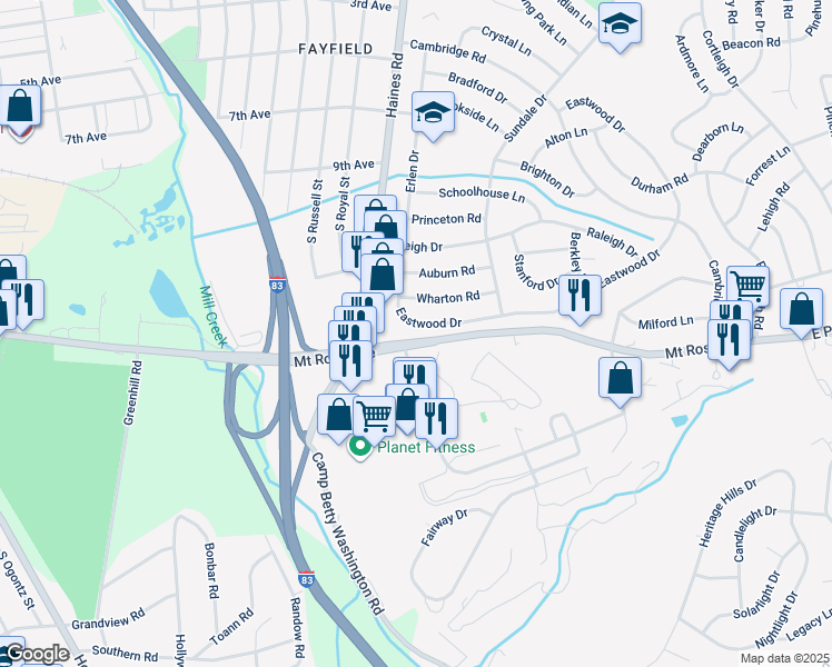 map of restaurants, bars, coffee shops, grocery stores, and more near 2426 Eastwood Drive in East York