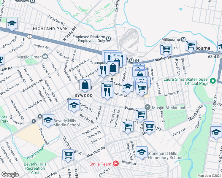 map of restaurants, bars, coffee shops, grocery stores, and more near 119 Long Lane in Delaware County