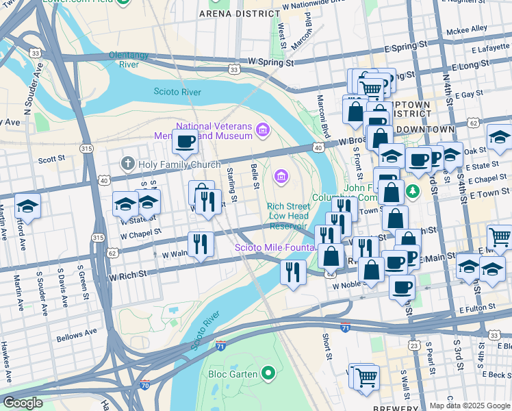 map of restaurants, bars, coffee shops, grocery stores, and more near Chapel St in Columbus