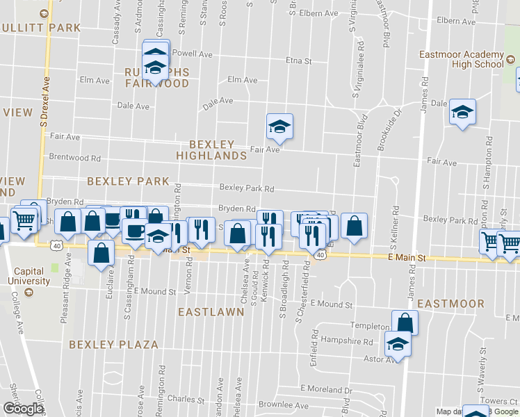 map of restaurants, bars, coffee shops, grocery stores, and more near Bryden Rd & S Gould Rd in Columbus