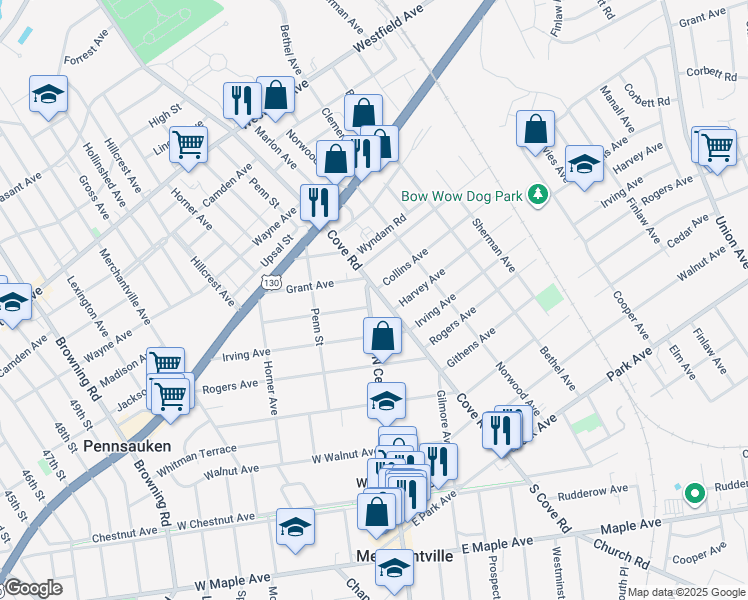 map of restaurants, bars, coffee shops, grocery stores, and more near 2801 Cove Road in Pennsauken Township