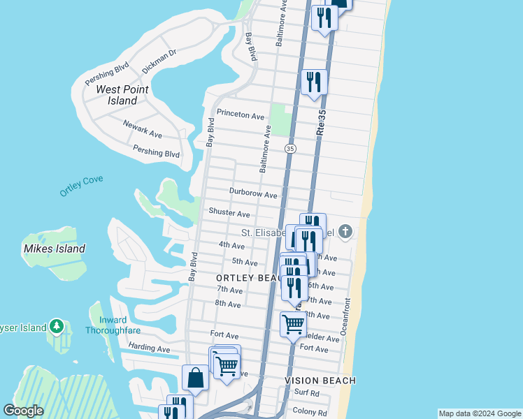 map of restaurants, bars, coffee shops, grocery stores, and more near 219 Shuster Avenue in Seaside Heights