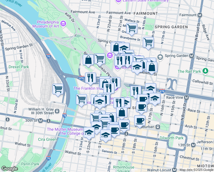 map of restaurants, bars, coffee shops, grocery stores, and more near 240 North 21st Street in Philadelphia