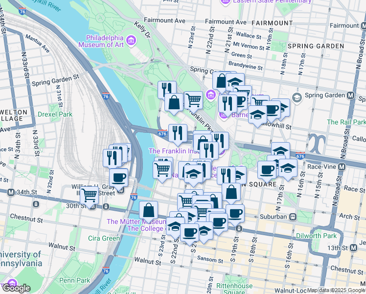 map of restaurants, bars, coffee shops, grocery stores, and more near 224 North 23rd Street in Philadelphia
