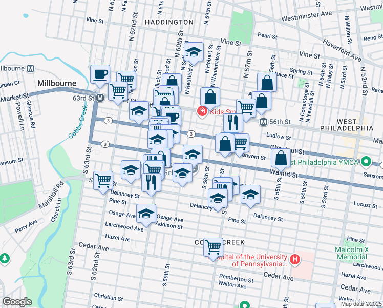 map of restaurants, bars, coffee shops, grocery stores, and more near 5851 Walnut Street in Philadelphia