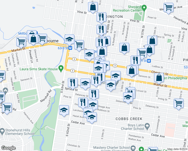 map of restaurants, bars, coffee shops, grocery stores, and more near 222 South Millick Street in Philadelphia