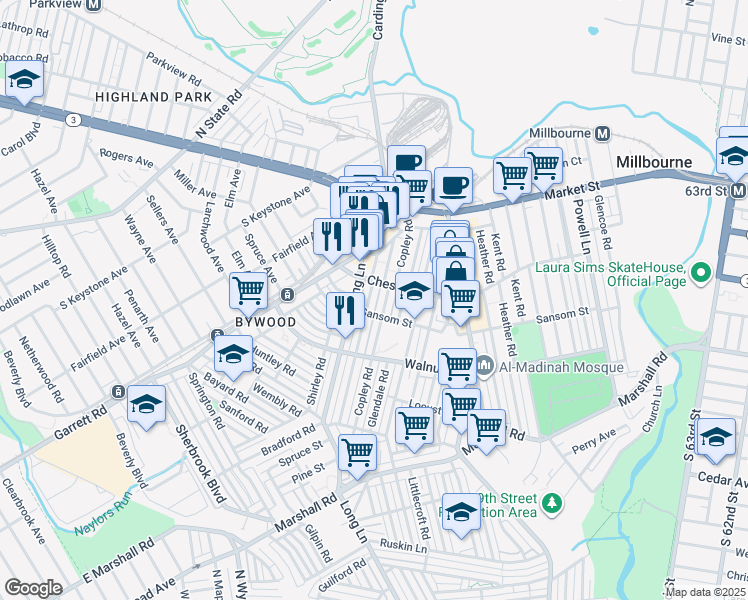 map of restaurants, bars, coffee shops, grocery stores, and more near 127 Ashby Road in Delaware County