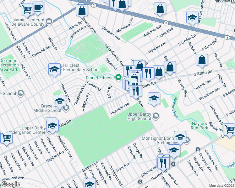 map of restaurants, bars, coffee shops, grocery stores, and more near 741 Derwyn Road in Drexel Hill