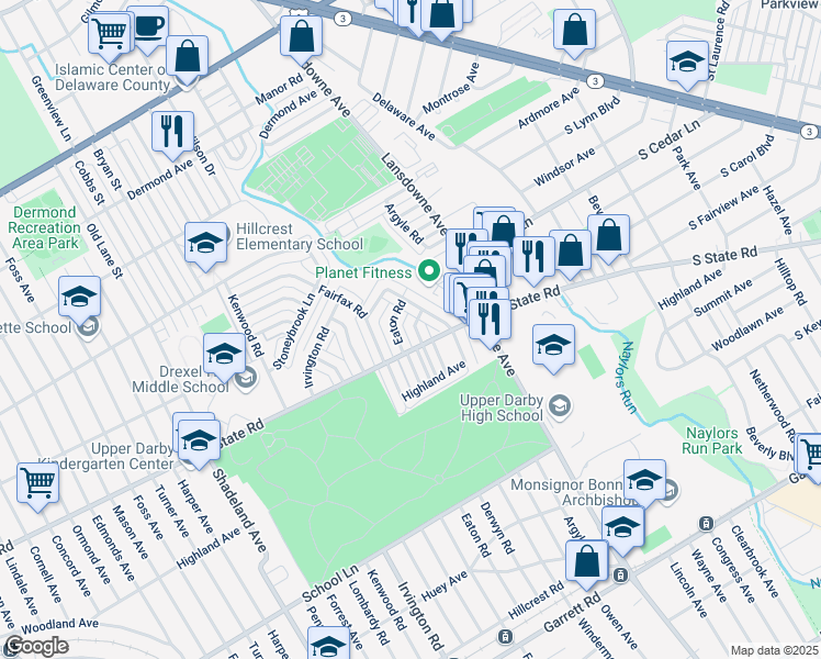map of restaurants, bars, coffee shops, grocery stores, and more near 807 Eaton Road in Drexel Hill