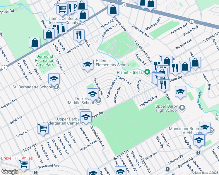 map of restaurants, bars, coffee shops, grocery stores, and more near 900 Fariston Drive in Drexel Hill