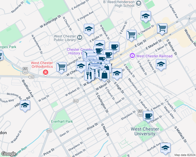 map of restaurants, bars, coffee shops, grocery stores, and more near 116 Market Street in West Chester