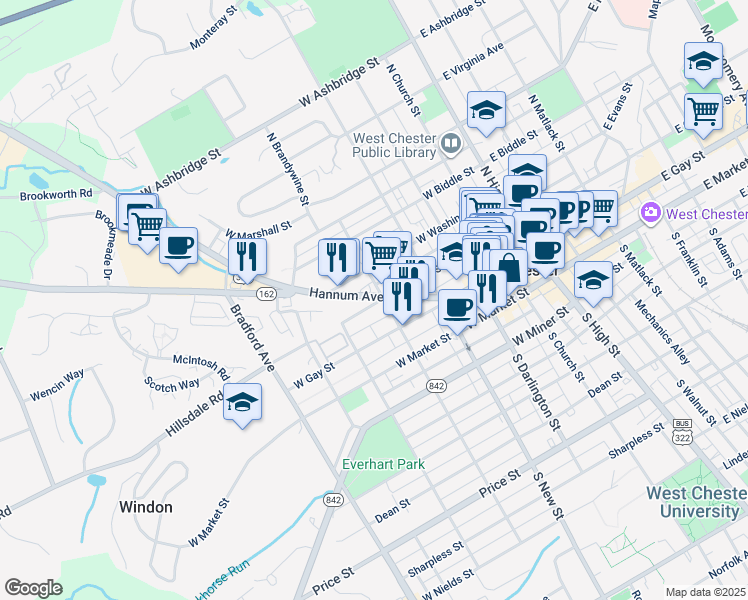 map of restaurants, bars, coffee shops, grocery stores, and more near 410 West Chestnut Street in West Chester