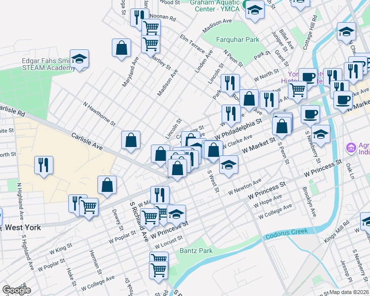 map of restaurants, bars, coffee shops, grocery stores, and more near 626 West Philadelphia Street in York