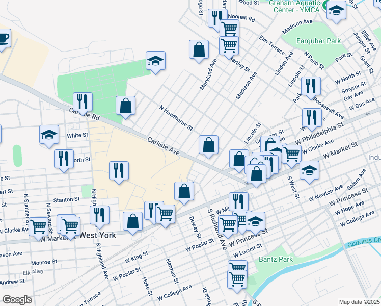 map of restaurants, bars, coffee shops, grocery stores, and more near 400 Carlisle Avenue in York