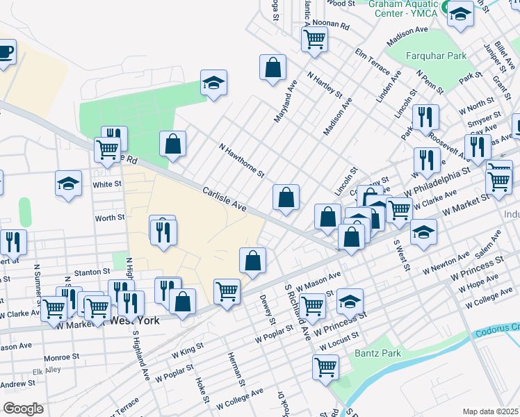 map of restaurants, bars, coffee shops, grocery stores, and more near 400 Carlisle Avenue in York