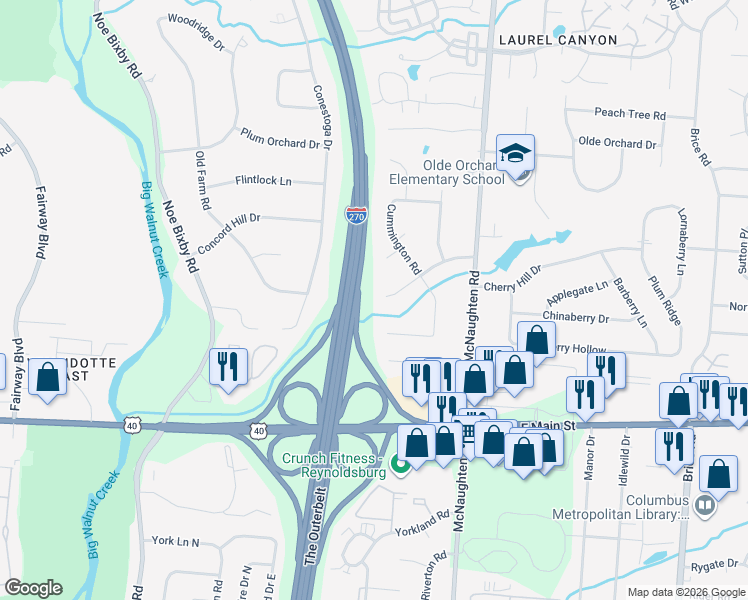 map of restaurants, bars, coffee shops, grocery stores, and more near 5849 Effingham Road in Columbus