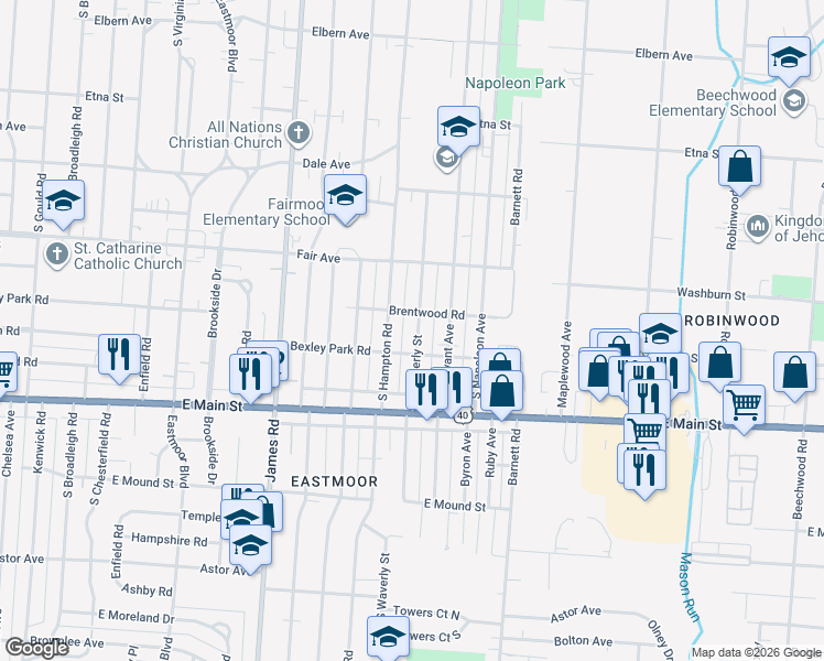 map of restaurants, bars, coffee shops, grocery stores, and more near 659 South Waverly Street in Columbus