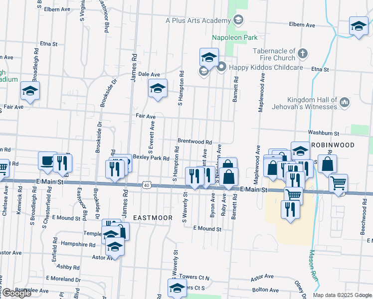 map of restaurants, bars, coffee shops, grocery stores, and more near 659 South Waverly Street in Columbus