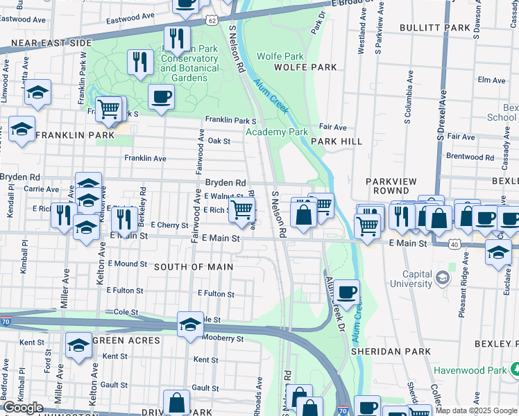 map of restaurants, bars, coffee shops, grocery stores, and more near 1899 East Rich Street in Columbus