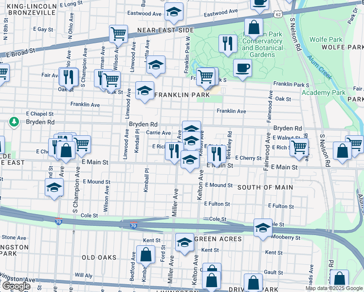 map of restaurants, bars, coffee shops, grocery stores, and more near 392 Miller Avenue in Columbus