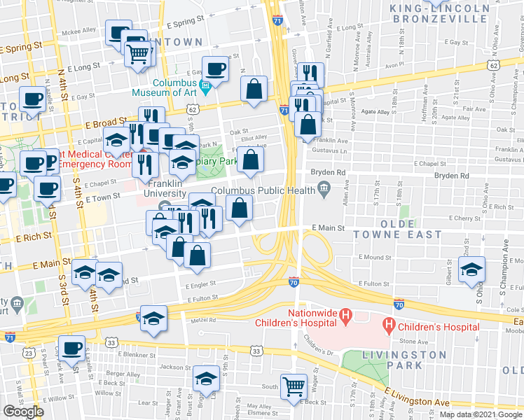 map of restaurants, bars, coffee shops, grocery stores, and more near 569 East Cherry Street in Columbus