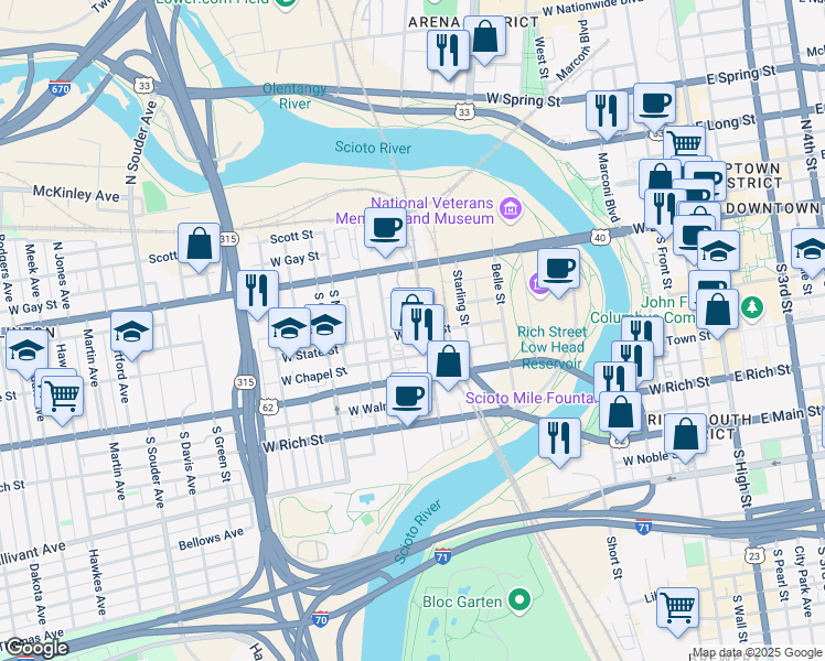 map of restaurants, bars, coffee shops, grocery stores, and more near 421 West State Street in Columbus
