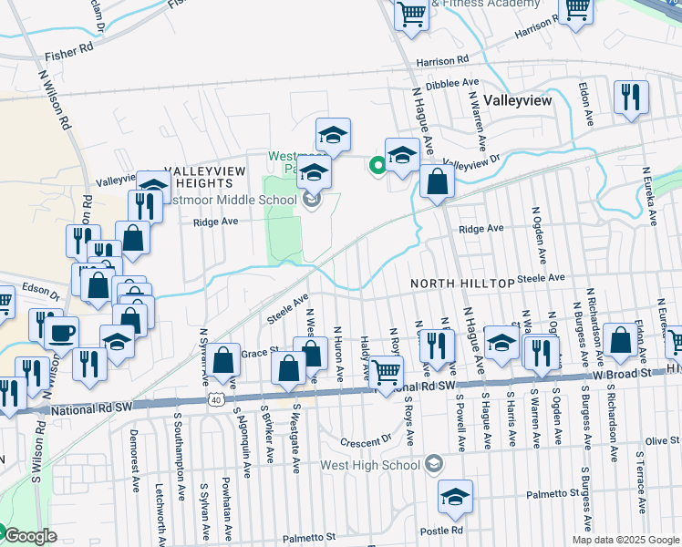 map of restaurants, bars, coffee shops, grocery stores, and more near 190 North Huron Avenue in Columbus