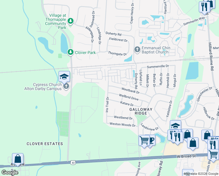 map of restaurants, bars, coffee shops, grocery stores, and more near 5952 Wellbrid Drive in Galloway