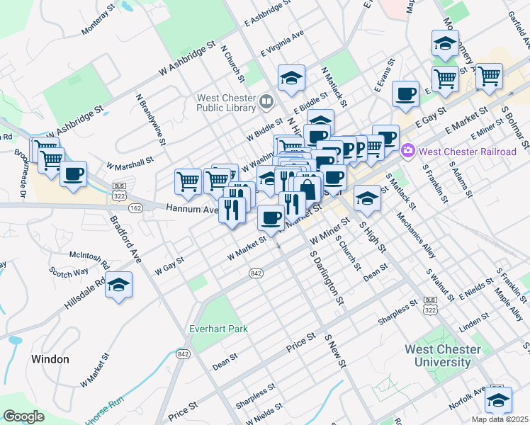 map of restaurants, bars, coffee shops, grocery stores, and more near 281 West Gay Street in West Chester