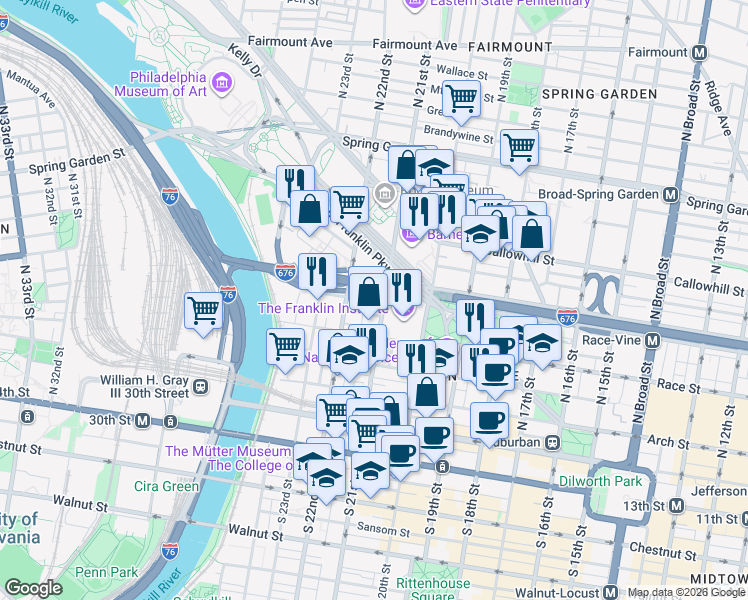 map of restaurants, bars, coffee shops, grocery stores, and more near 240 North 21st Street in Philadelphia