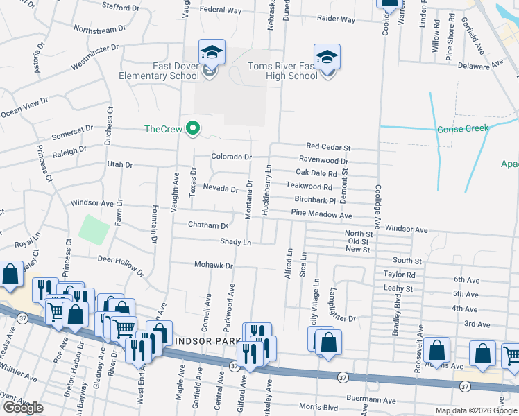 map of restaurants, bars, coffee shops, grocery stores, and more near 1801 Windsor Avenue in Toms River