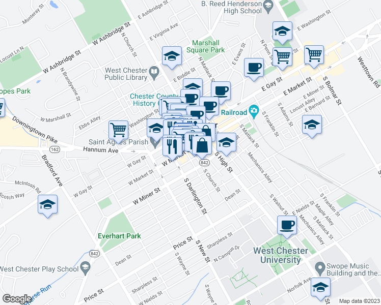 map of restaurants, bars, coffee shops, grocery stores, and more near 100 West Market Street in West Chester